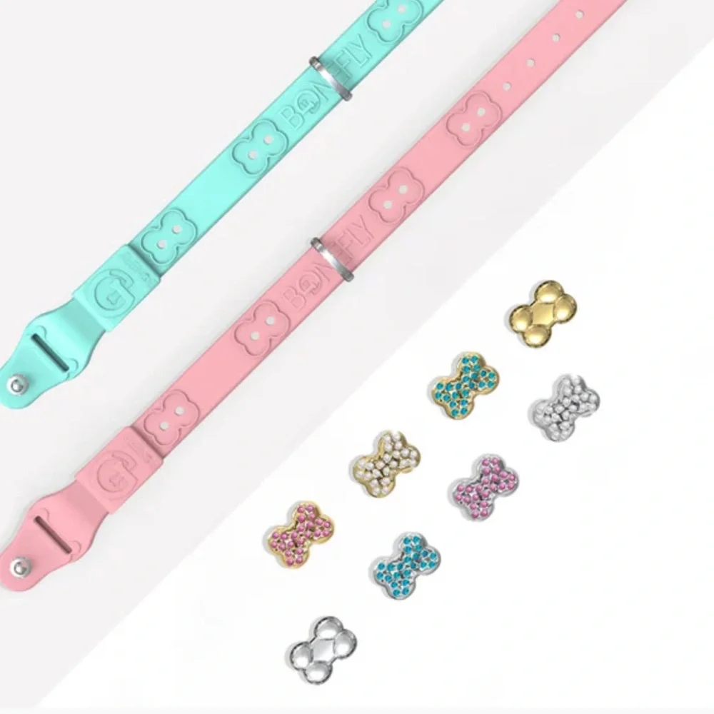 NEW Bonefly Puppy Dog Gift Collar Aqua Gold +4 X Swarovski Pink Charms Sz XS - Picture 8 of 13